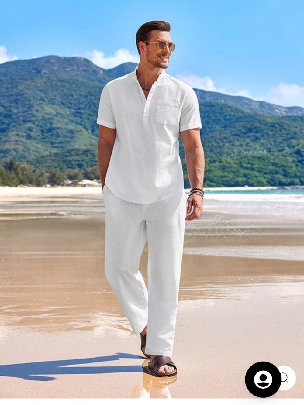 Men's White Casual Beach Cotton Linen Set
